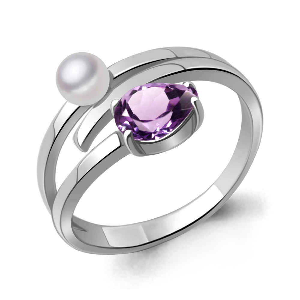 6962604 Кольцо из Серебра с аметистом, культ. жемчугом  ааа