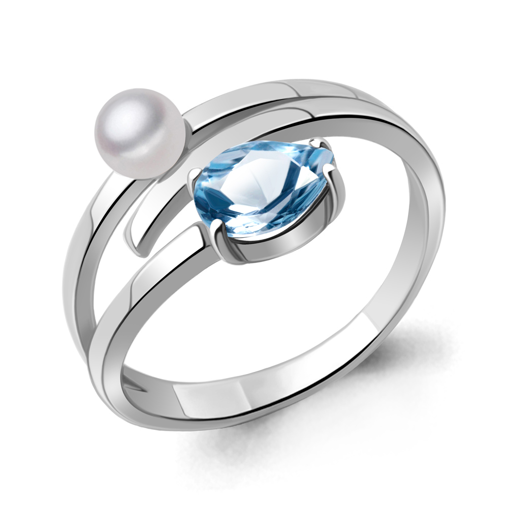 6962605 Кольцо из Серебра с культ. жемчугом  ааа, топазом свисс блю