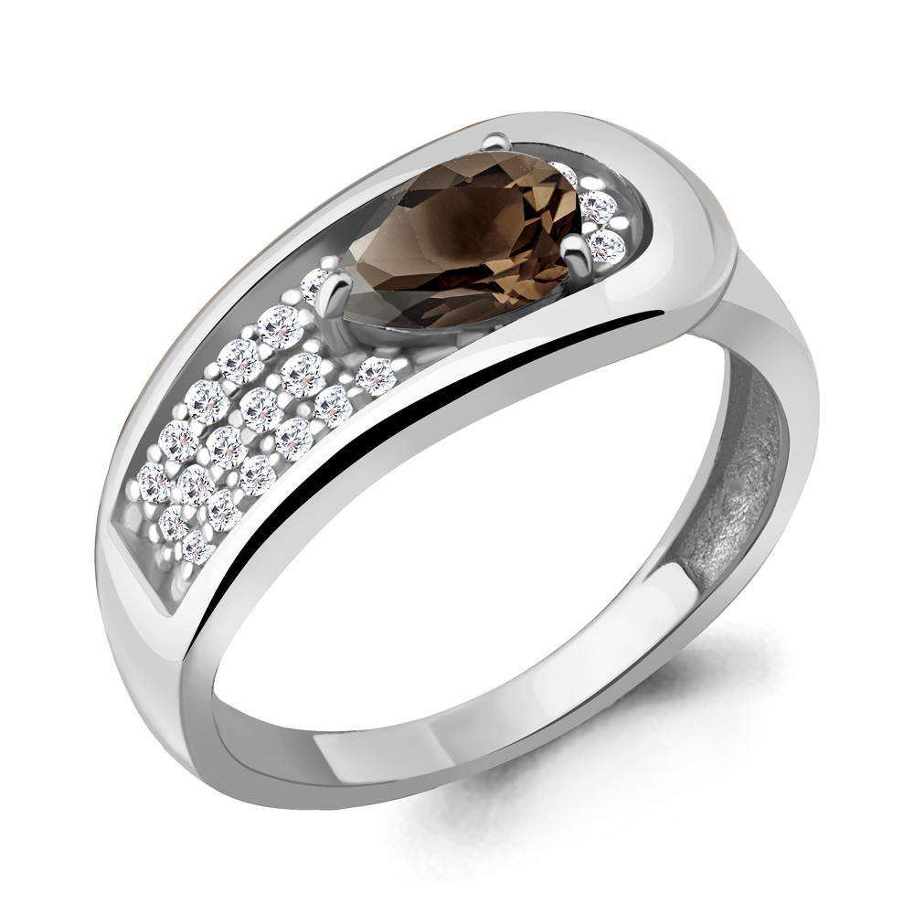 6969001А Кольцо из Серебра с кварцем дымчатым, фианитами