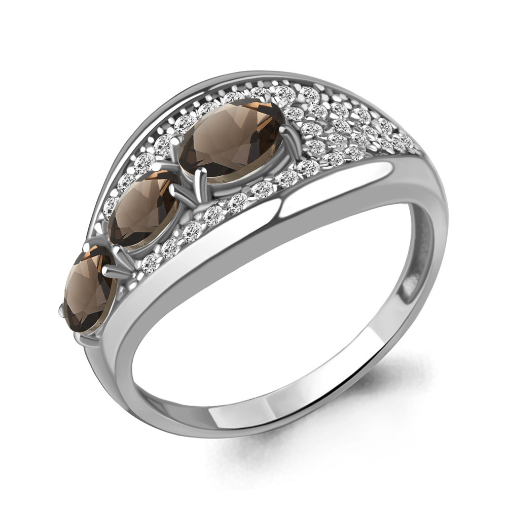 6969301А Кольцо из Серебра с кварцами дымчатыми, фианитами