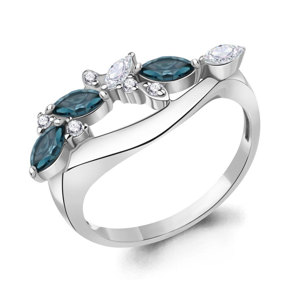 6971208А Кольцо из Серебра с топазами лондон блю, фианитами