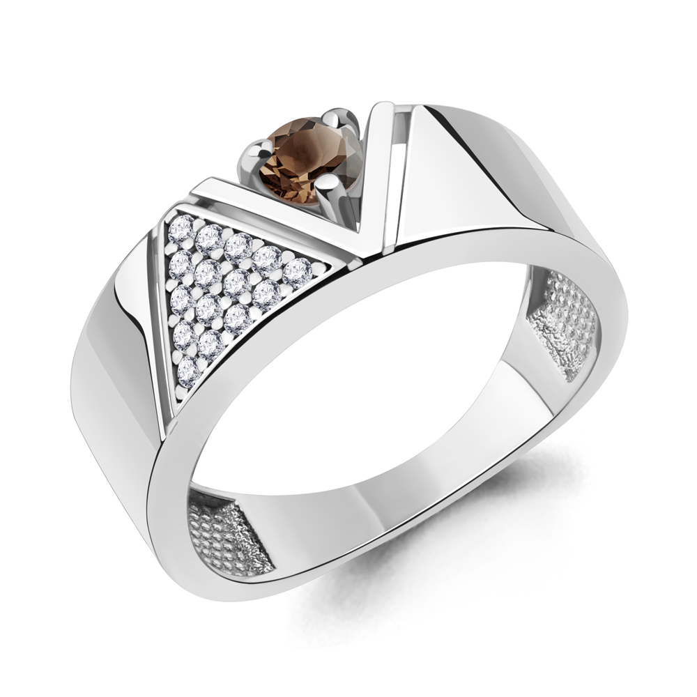 6980101А Кольцо из Серебра с кварцем дымчатым, фианитами