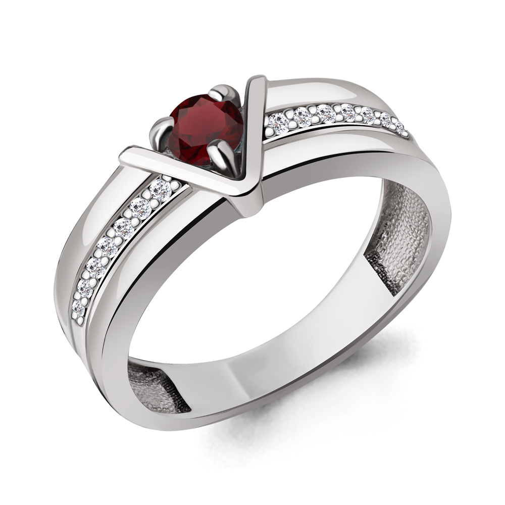 6980203А Кольцо из Серебра с гранатом, фианитами