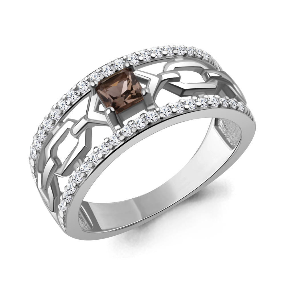 6983801А Кольцо из Серебра с кварцем дымчатым, фианитами