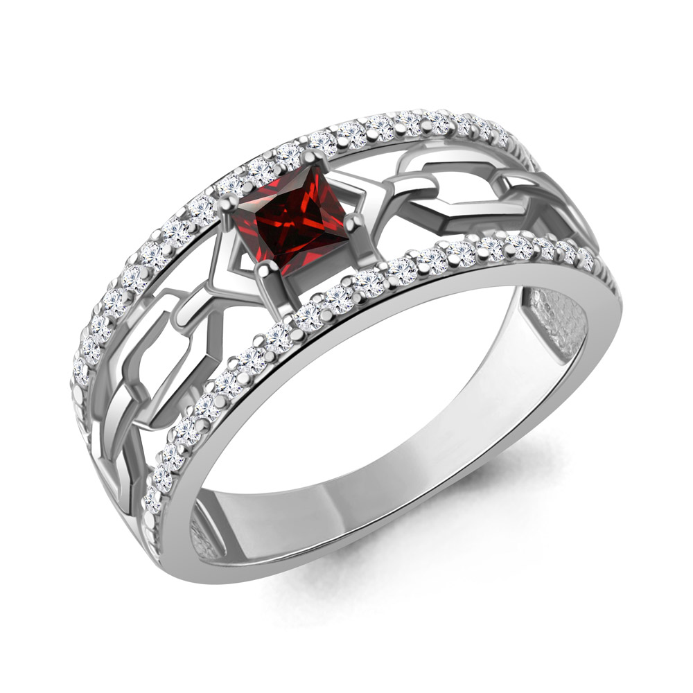 6983803А Кольцо из Серебра с гранатом, фианитами