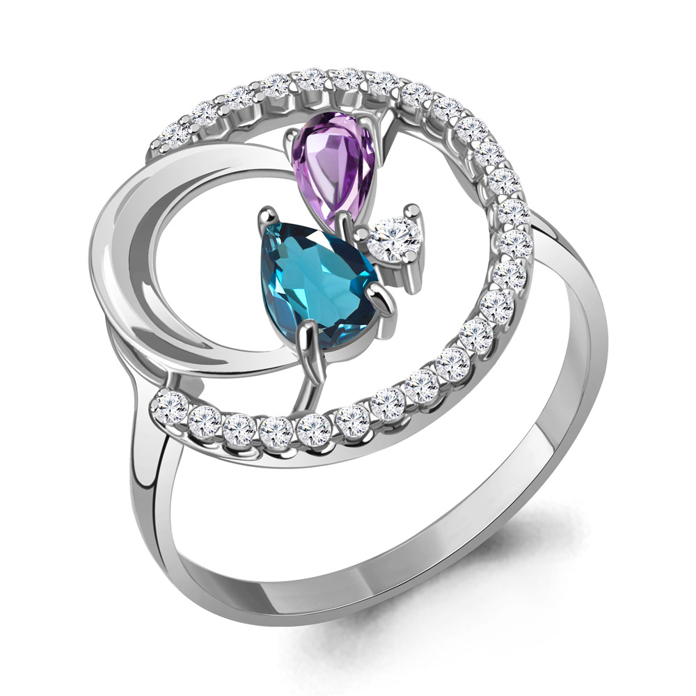 6987132А Кольцо из Серебра с аметистом, топазом лондон блю, фианитами