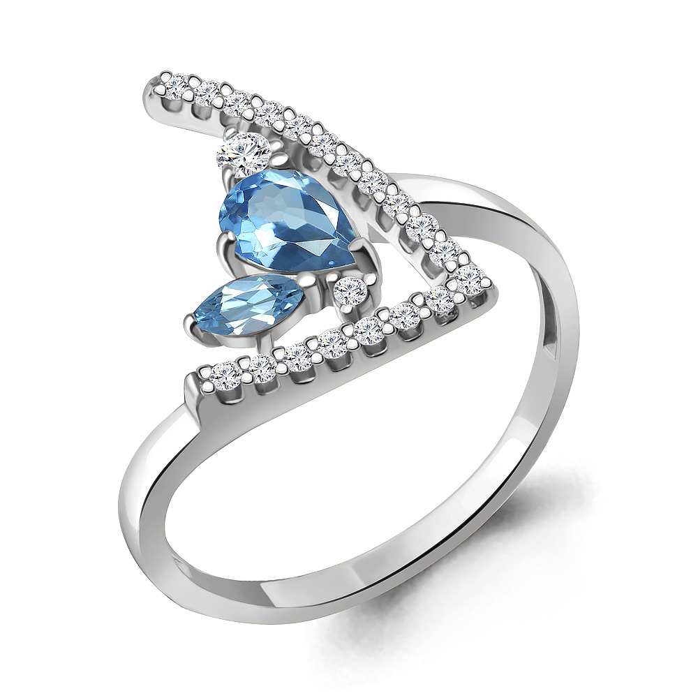 6987405А Кольцо из Серебра с топазами свисс блю, фианитами