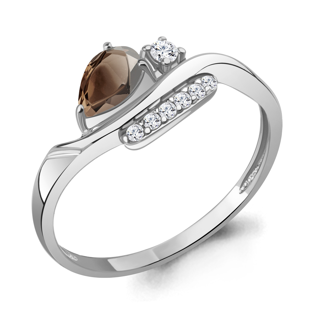 6988101А Кольцо из Серебра с кварцем дымчатым, фианитами