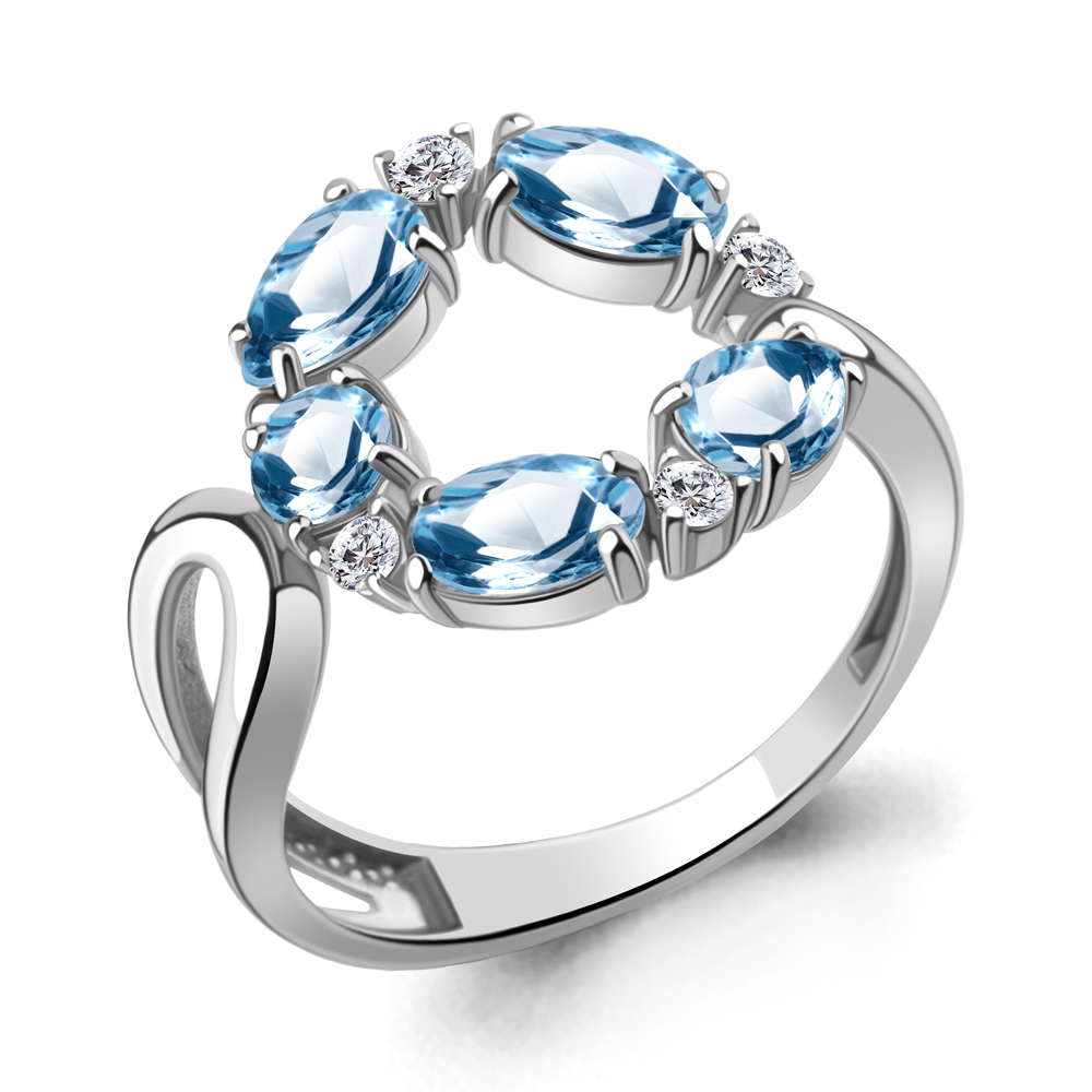 6988305А Кольцо из Серебра с топазами свисс блю, фианитами