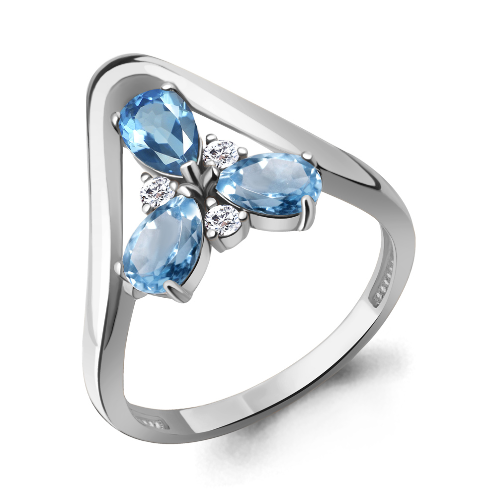 6988505А Кольцо из Серебра с топазами свисс блю, фианитами
