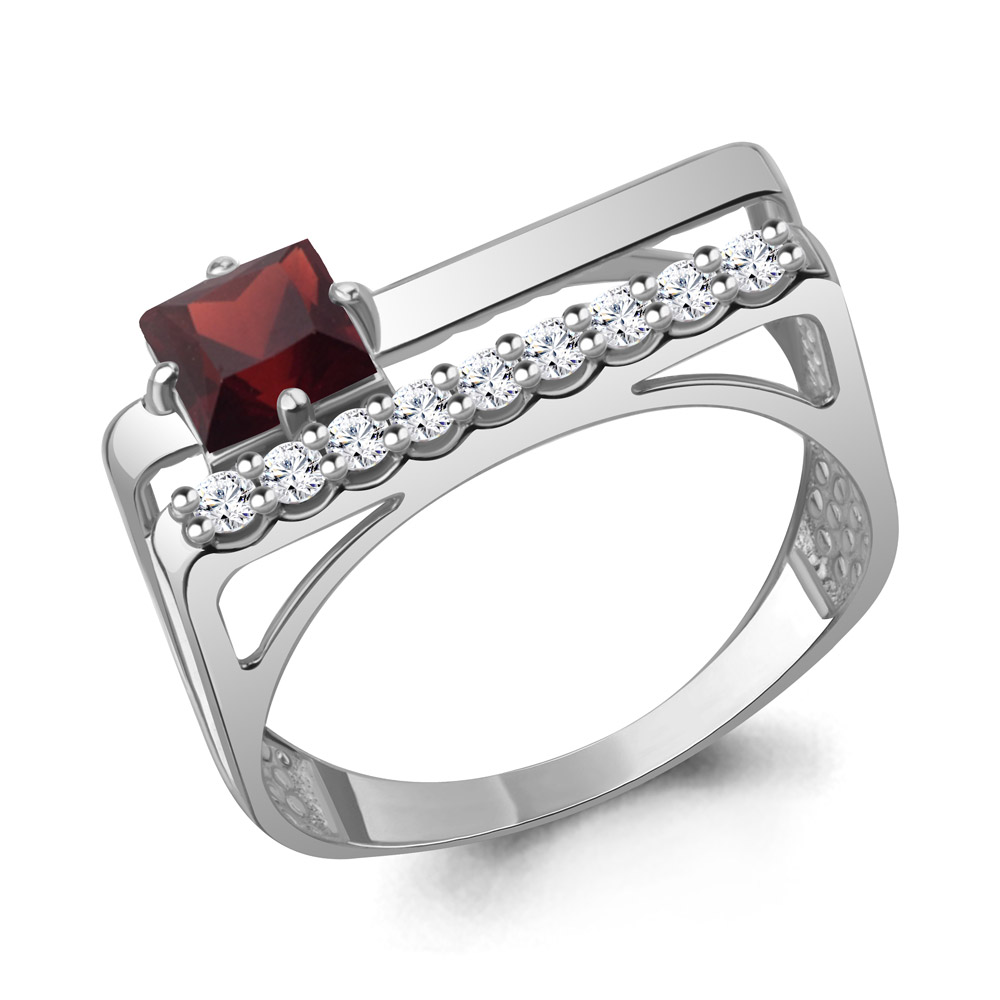 6989203А Кольцо из Серебра с гранатом, фианитами