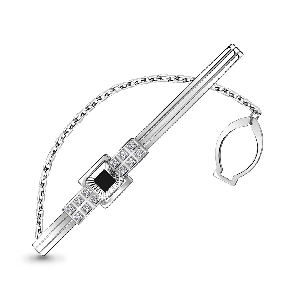 70446Ч Зажим для галстука из Серебра с фианитами, черным фианитом