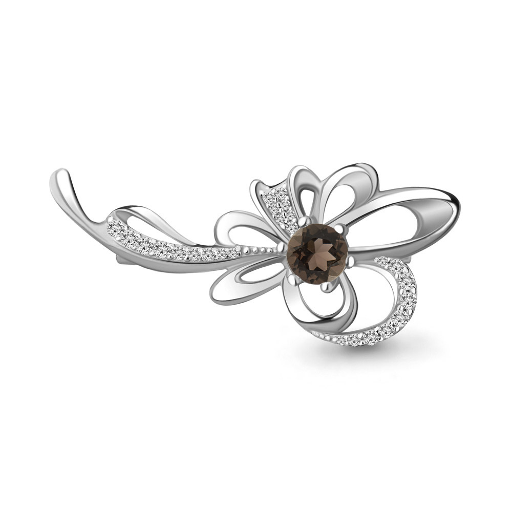 7150901А Брошь из Серебра с кварцем дымчатым, фианитами