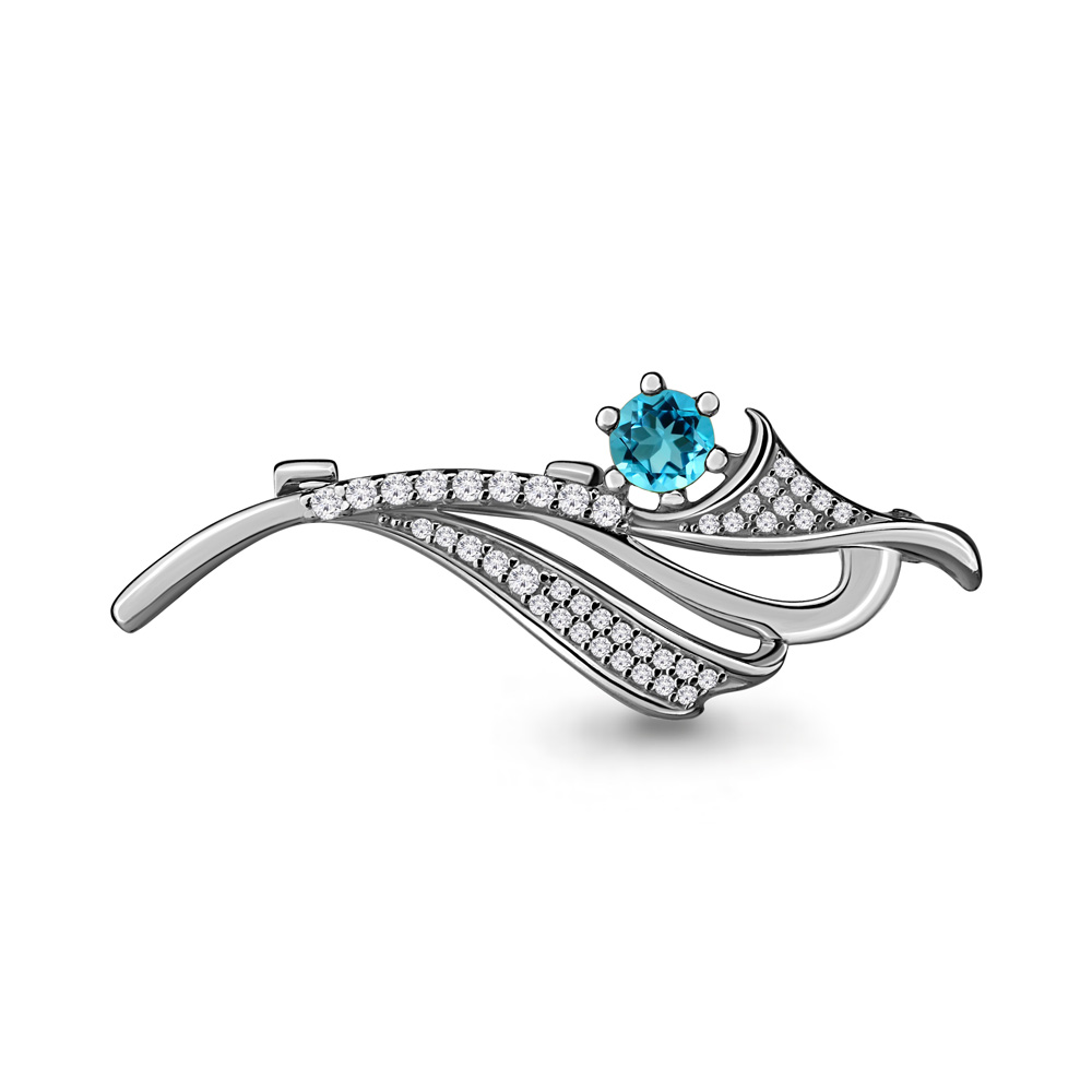 7151205А Брошь из Серебра с топазом свисс блю, фианитами