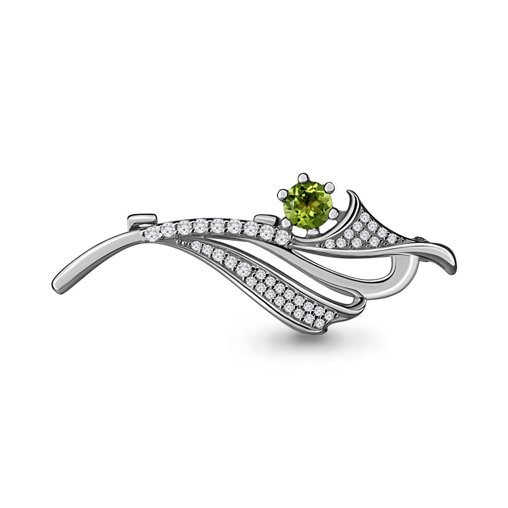 7151207А Брошь из Серебра с фианитами, хризолитом