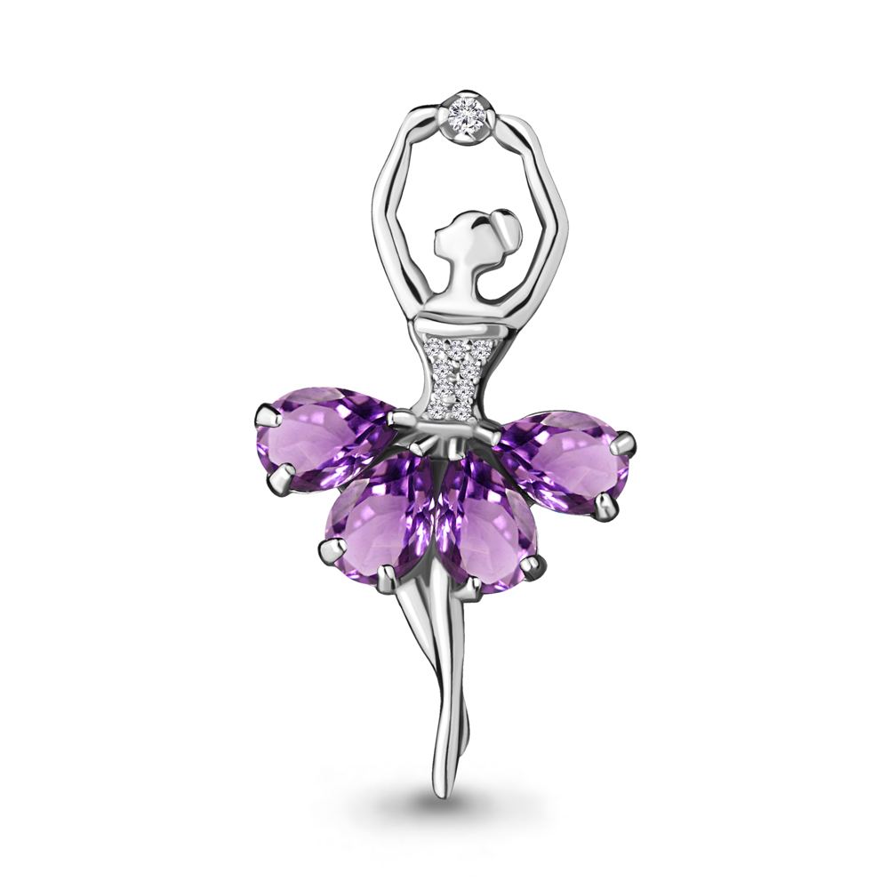 7263304А Брошь из Серебра с аметистами, фианитами