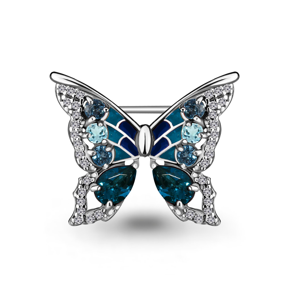 7267166А Брошь из Серебра с топазами лондон блю, топазами свисс блю, топазами скай блю, фианитами, эмалью