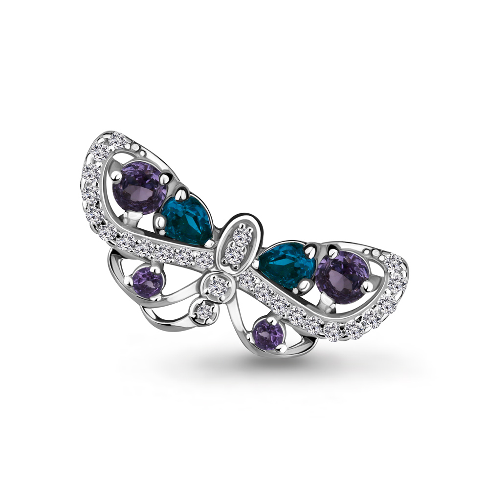 7267232А Брошь из Серебра с аметистами, топазами лондон блю, фианитами