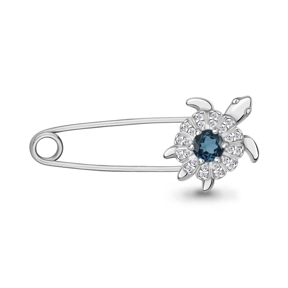 7272008А Булавка из Серебра с топазом лондон блю, фианитами