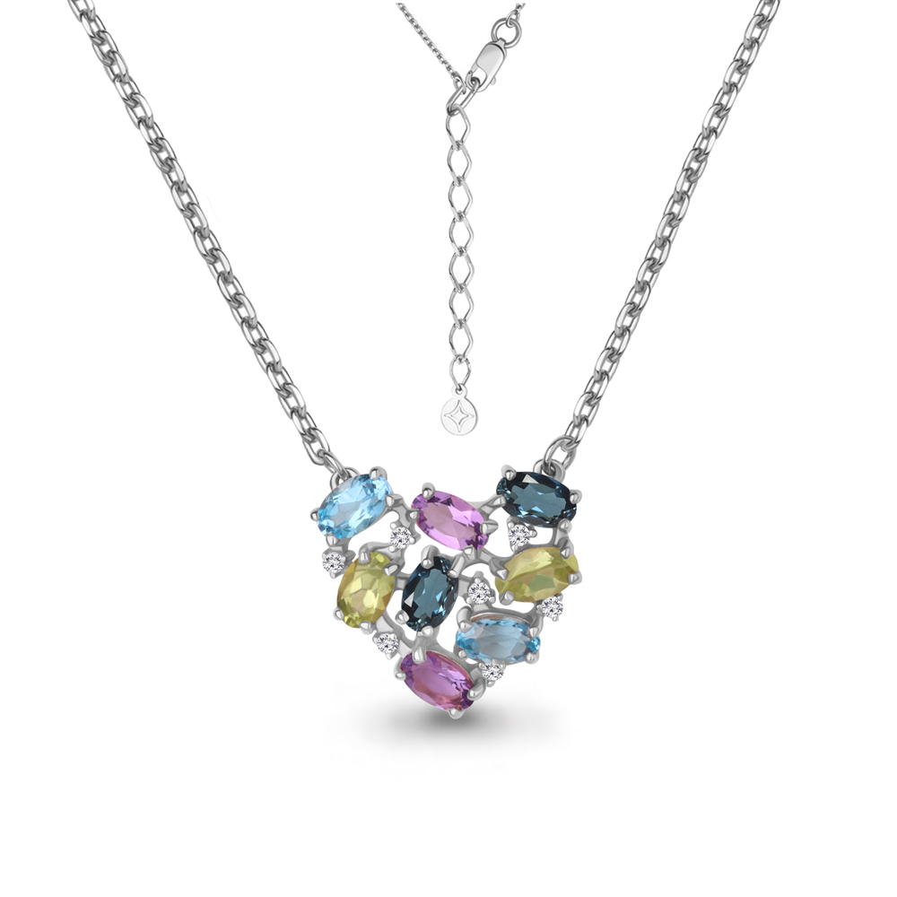 7380852А Колье из Серебра с аметистами, топазами лондон блю, топазами свисс блю, фианитами, хризолитами