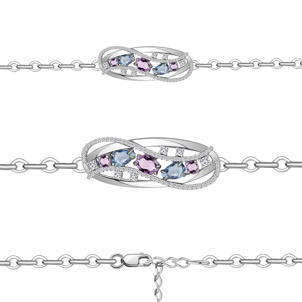 7411930А Браслет из Серебра с аметистами, топазами свисс блю, фианитами