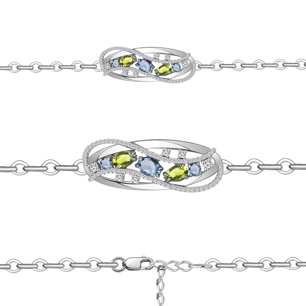 7411931А Браслет из Серебра с топазами свисс блю, фианитами, хризолитами