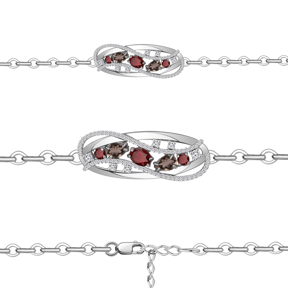 7411936А Браслет из Серебра с гранатами, кварцами дымчатыми, фианитами