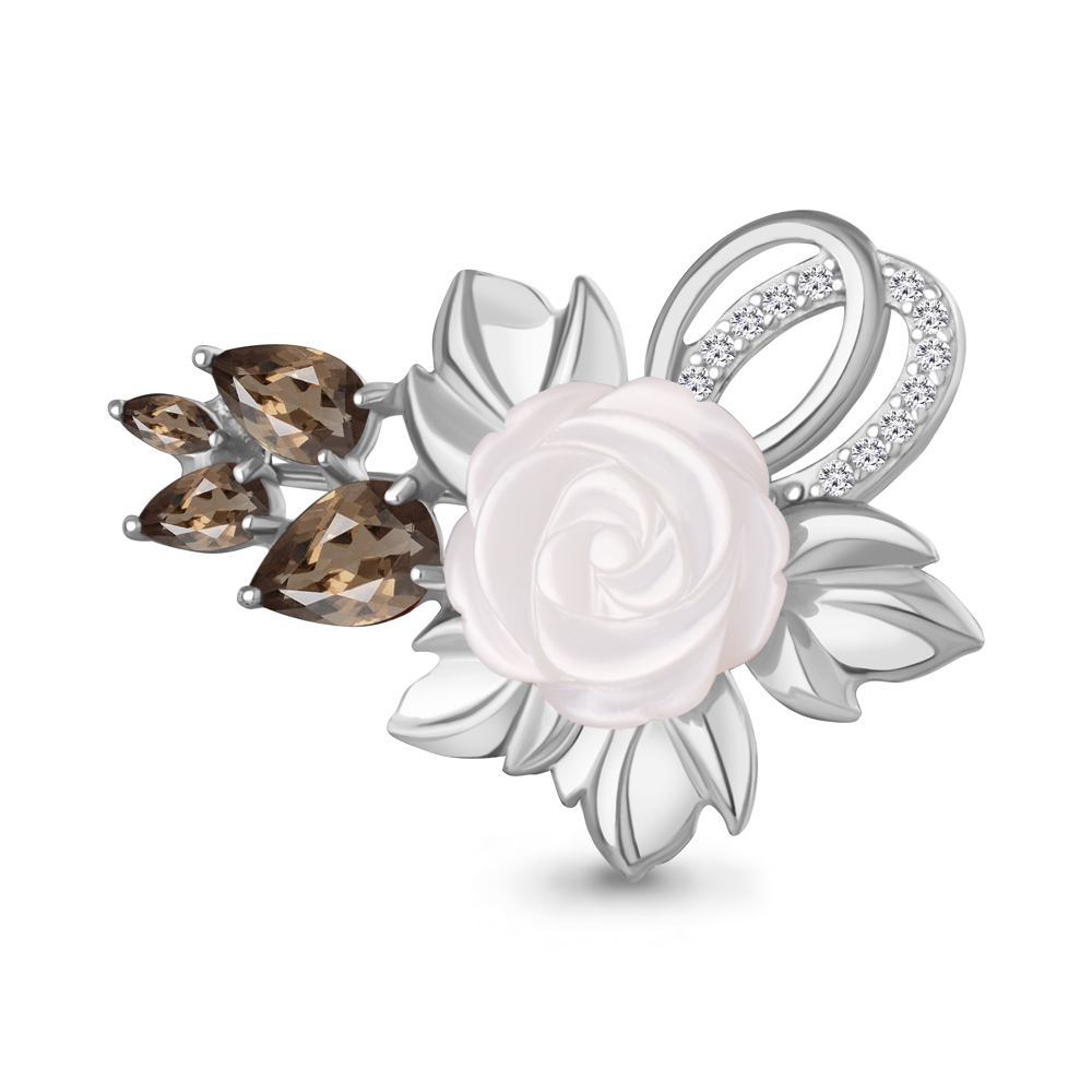 7746501А Брошь из Серебра с кварцами дымчатыми, поделочным камнем, фианитами