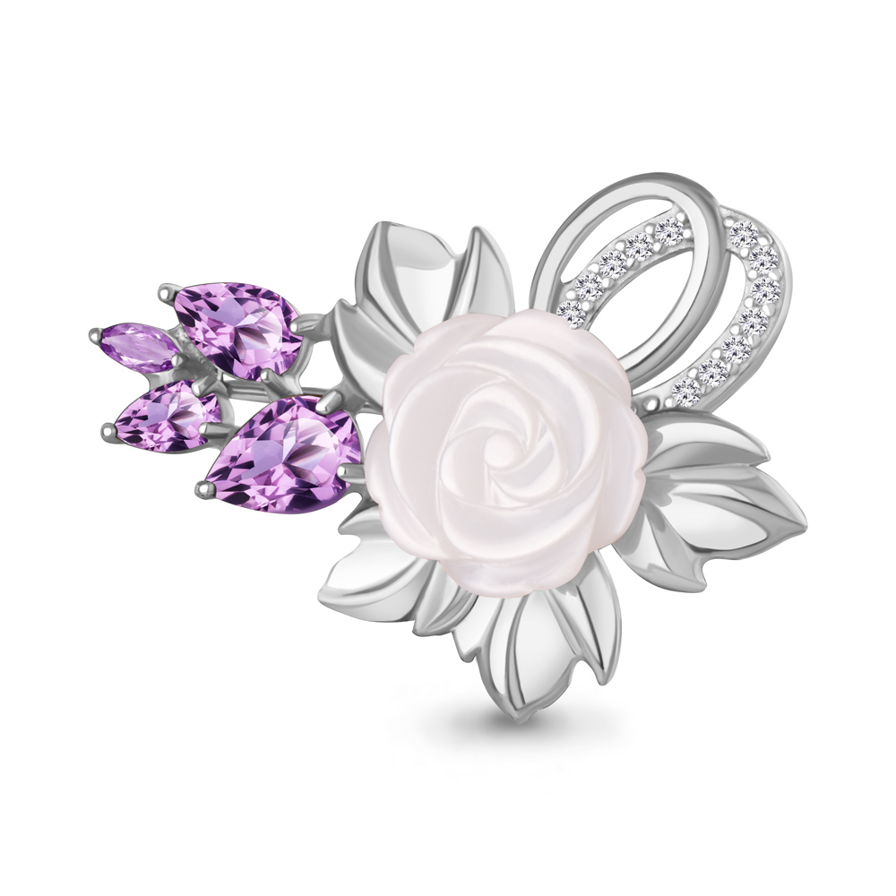 7746504А Брошь из Серебра с аметистами, поделочным камнем, фианитами