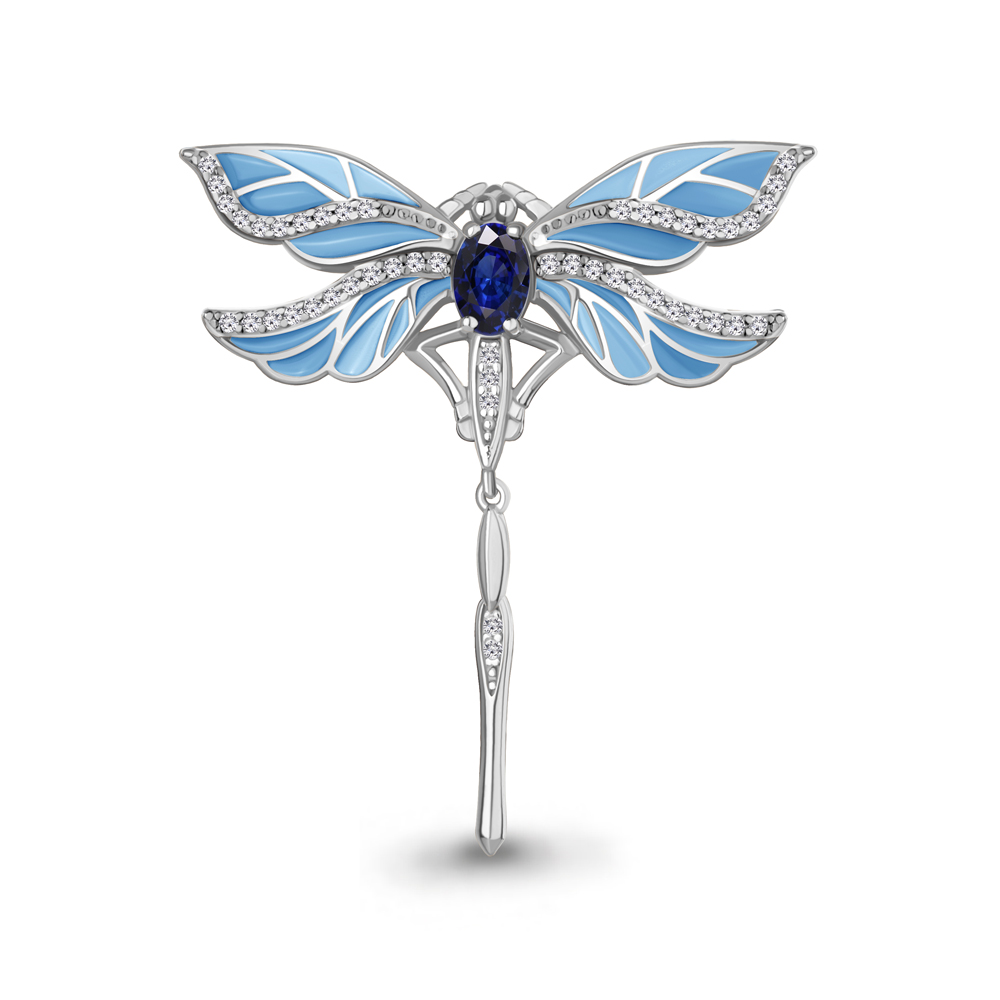 77473АБ Брошь из Серебра с наносапфиром, фианитами, эмалью
