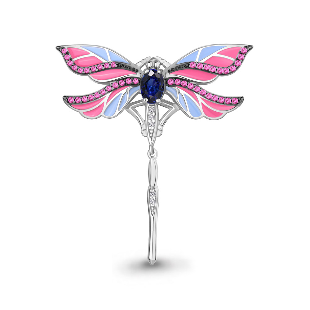 77473АБВ Брошь из Серебра с корундами иск., наносапфиром, фианитами, эмалью