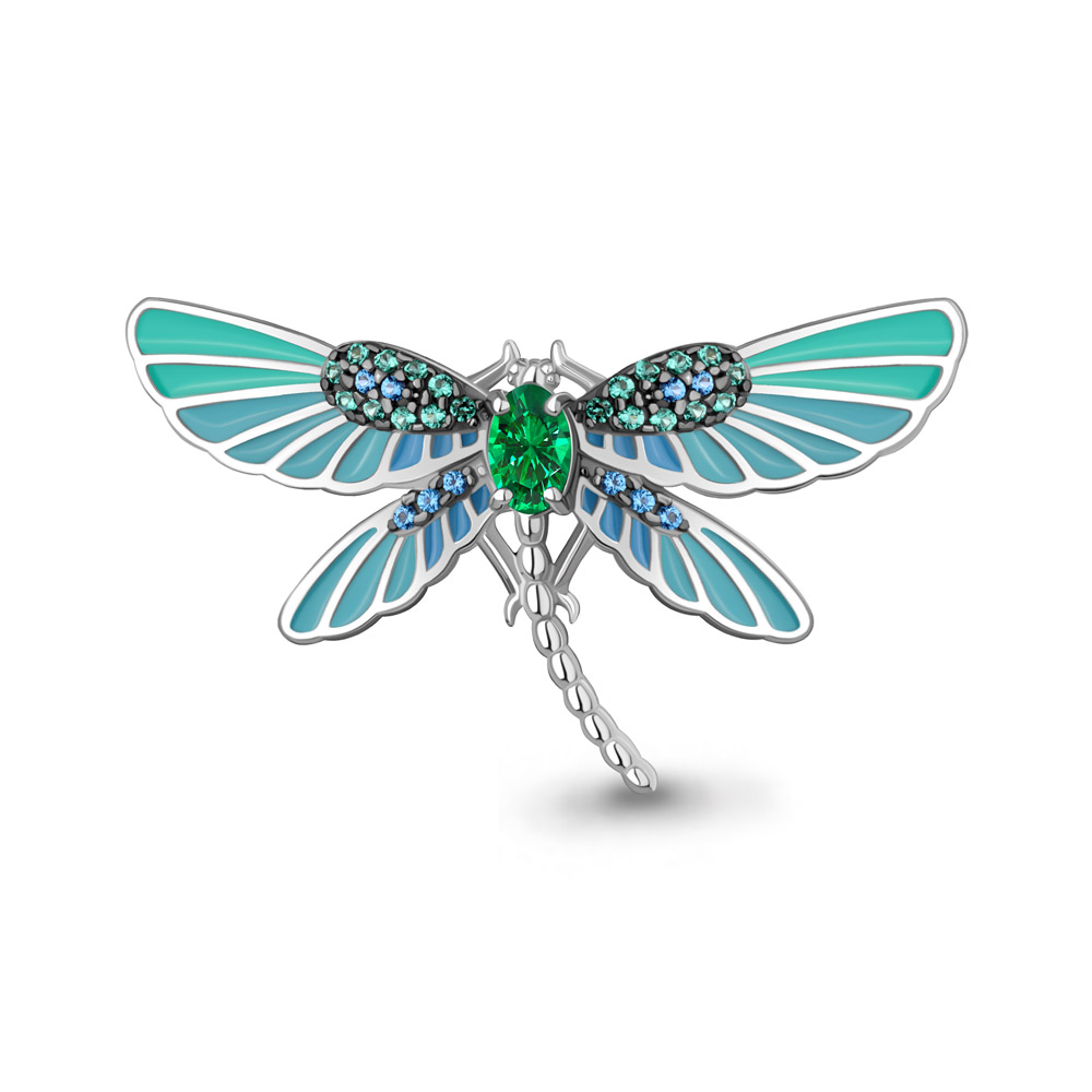 77475БГ Брошь из Серебра с наноизумрудами, наносапфирами, эмалью