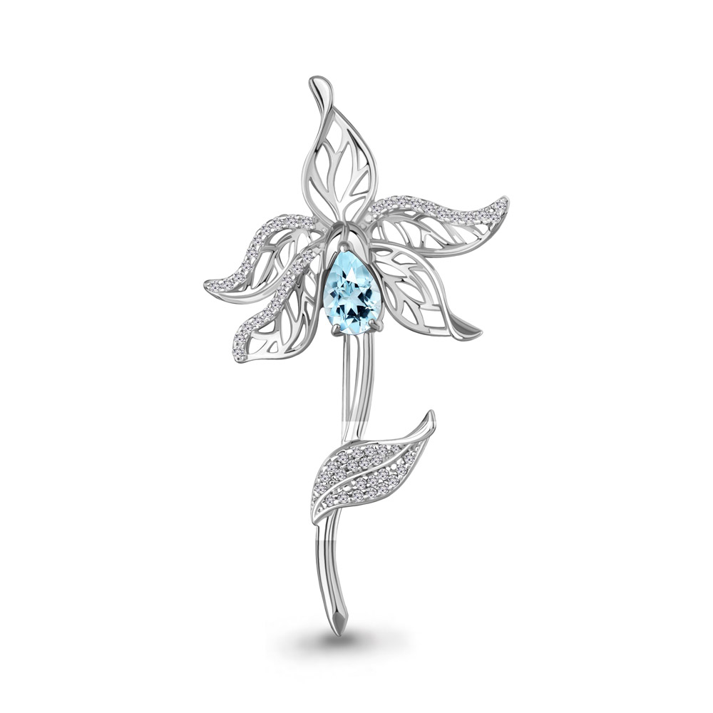 7747602А Брошь из Серебра с топазом скай блю, фианитами