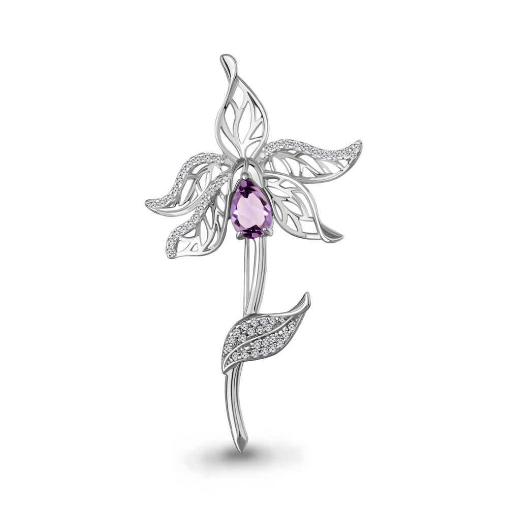 7747604А Брошь из Серебра с аметистом, фианитами