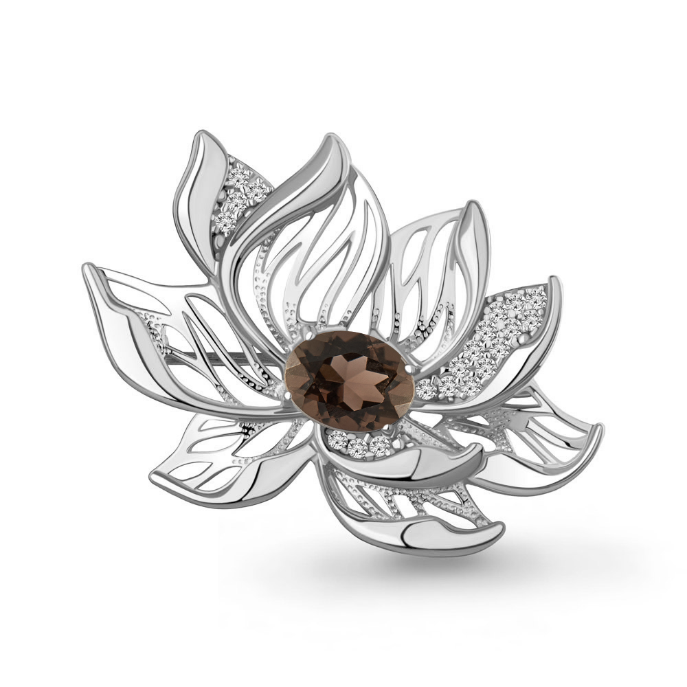 7747701А Брошь из Серебра с кварцем дымчатым, фианитами