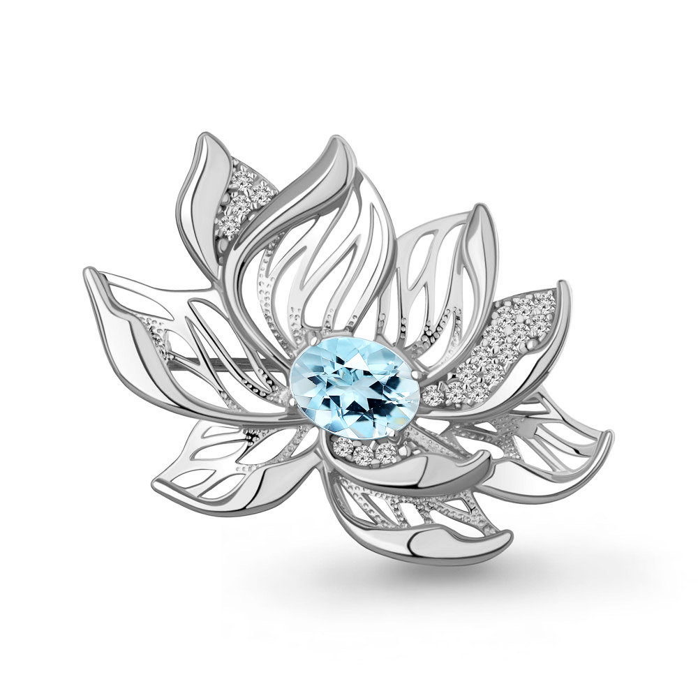 7747702А Брошь из Серебра с топазом скай блю, фианитами