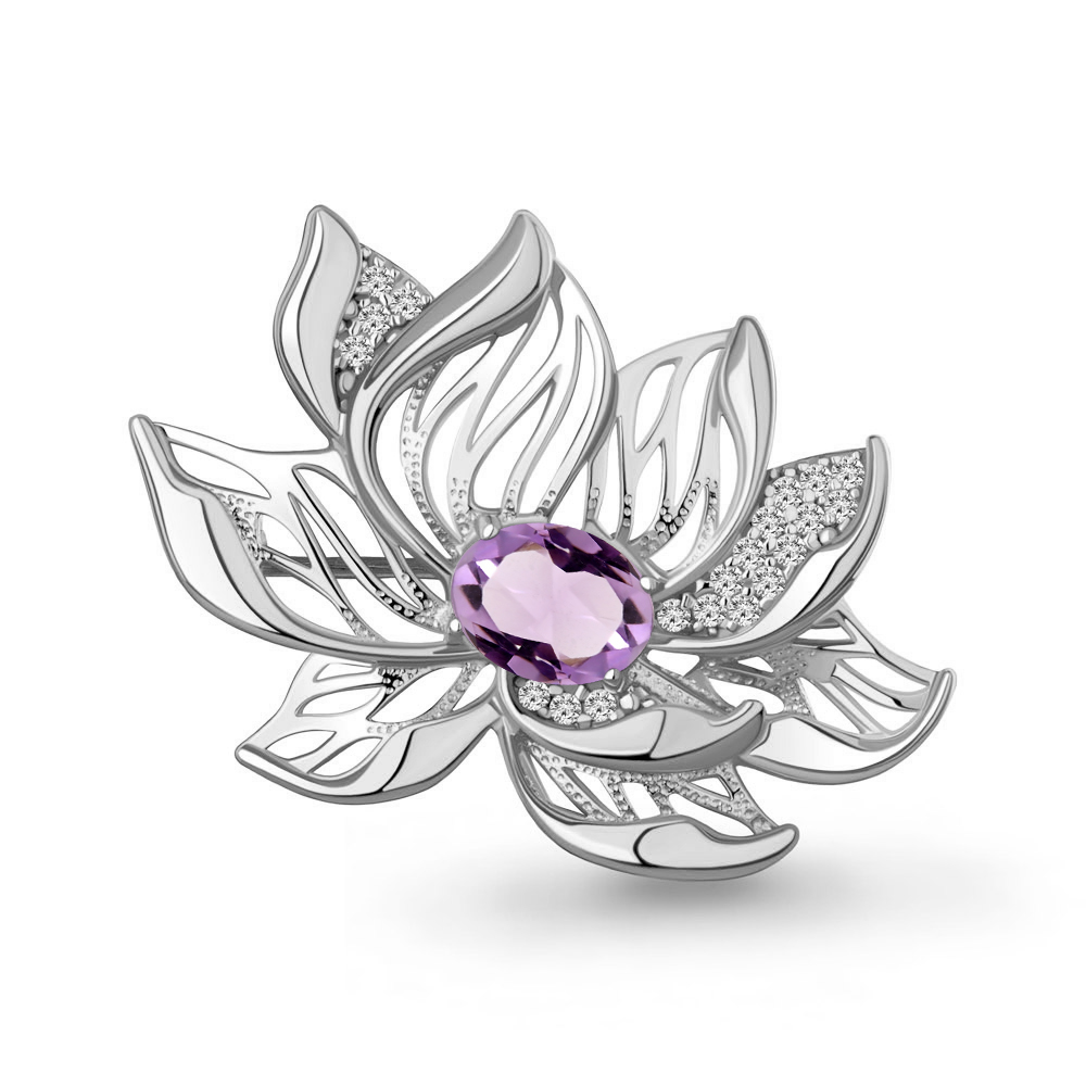 7747704А Брошь из Серебра с аметистом, фианитами