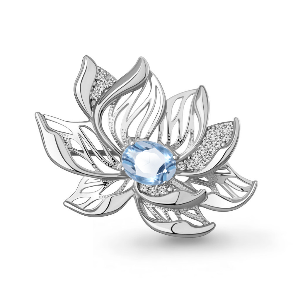 7747705А Брошь из Серебра с топазом свисс блю, фианитами