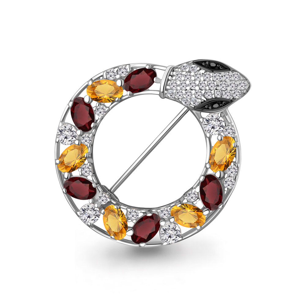 7747834АЧ Брошь из Серебра с гранатами, нанокристаллами, фианитами, цитринами