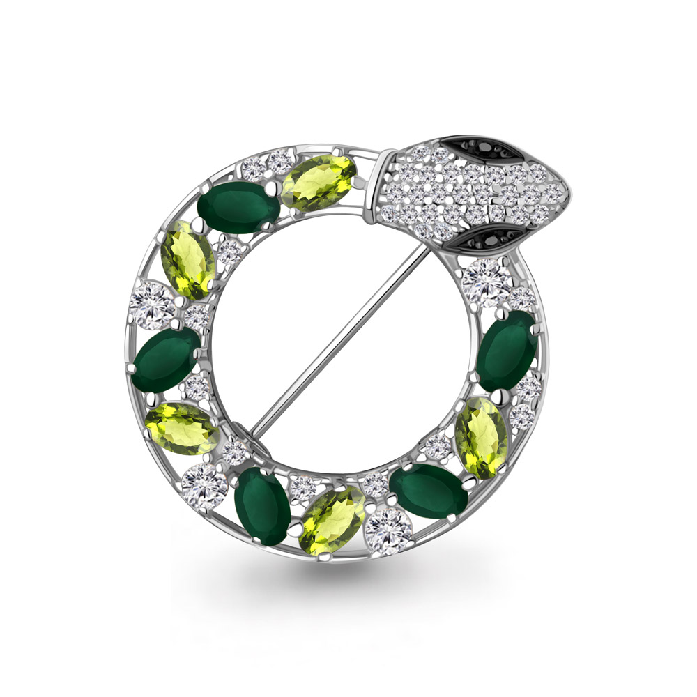 77478515АЧ Брошь из Серебра с агатами, нанокристаллами, фианитами, хризолитами