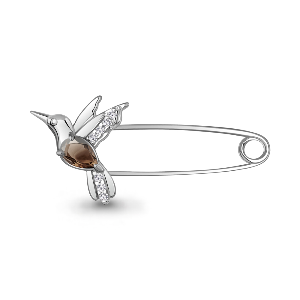 7748801А Булавка из Серебра с кварцем дымчатым, фианитами