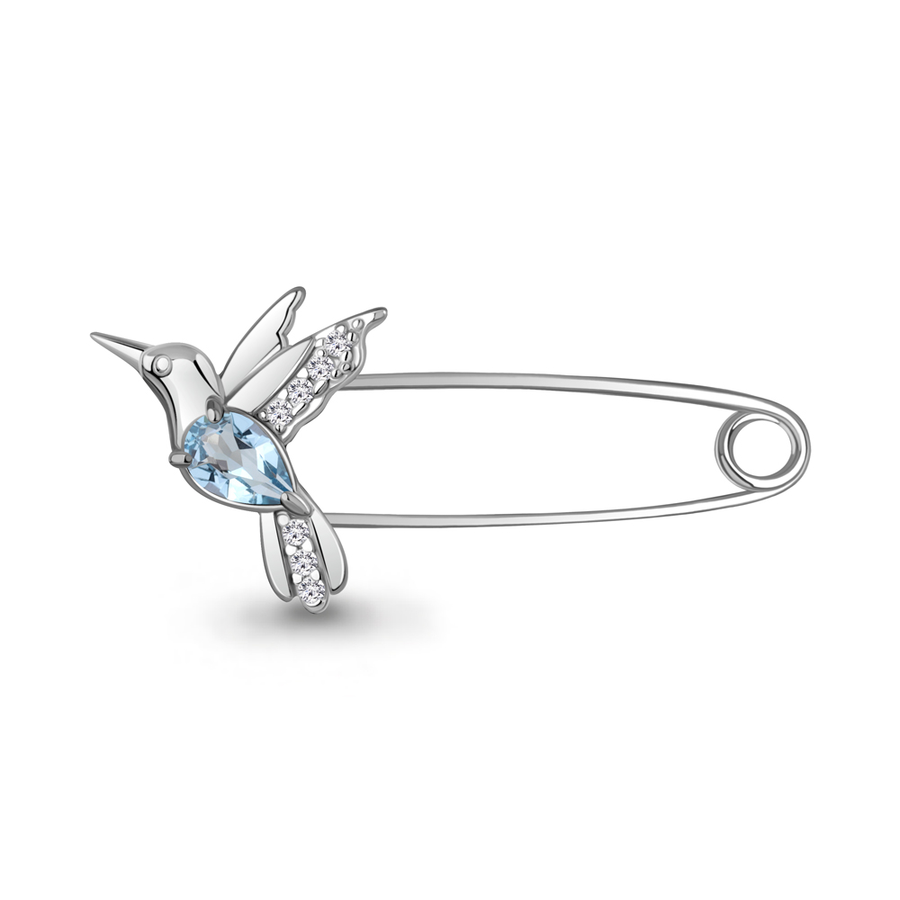 7748805А Булавка из Серебра с топазом свисс блю, фианитами