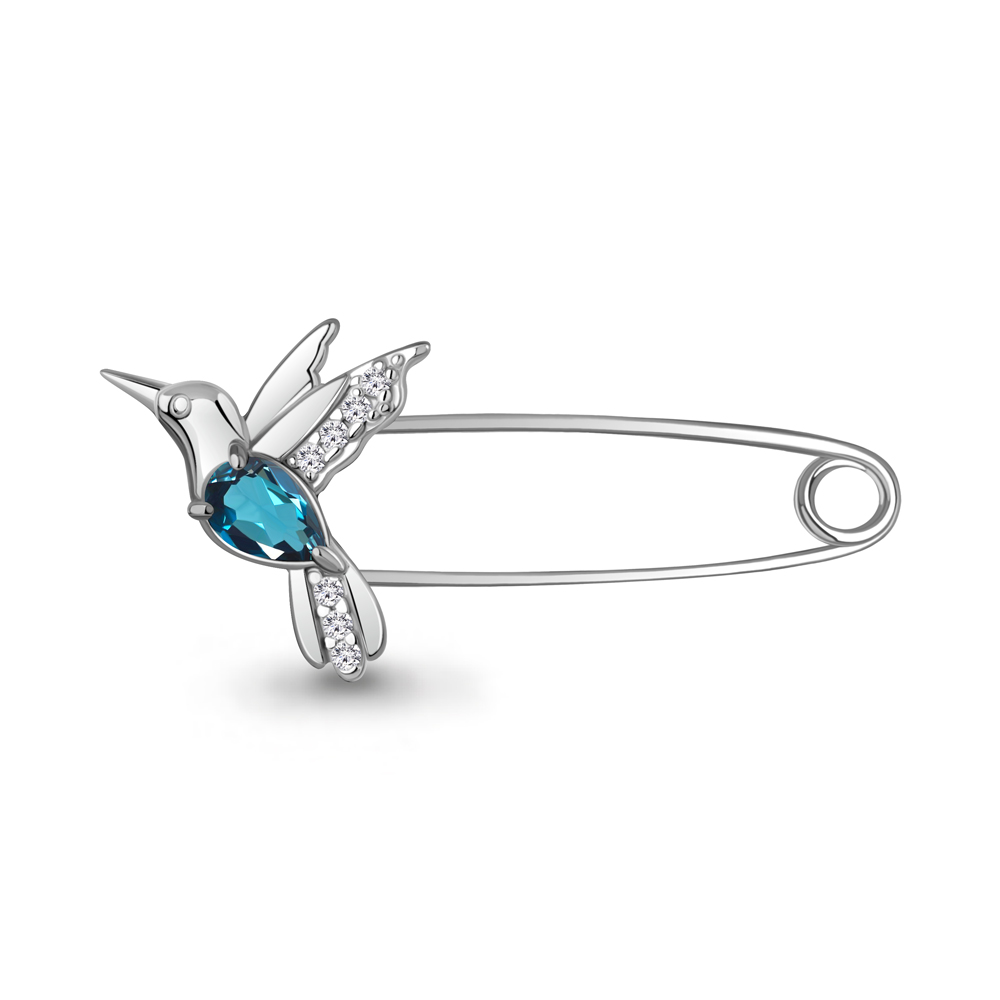7748808А Булавка из Серебра с топазом лондон блю, фианитами