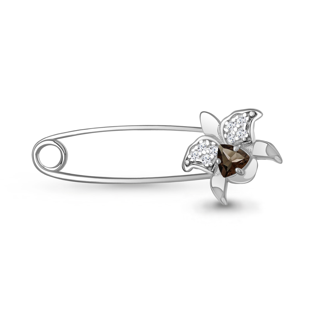 7748901А Булавка из Серебра с кварцем дымчатым, фианитами