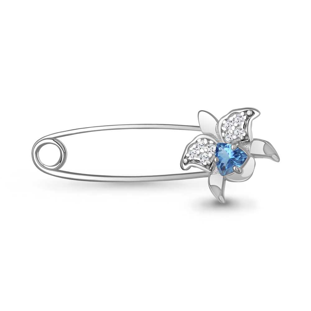 7748905А Булавка из Серебра с топазом свисс блю, фианитами