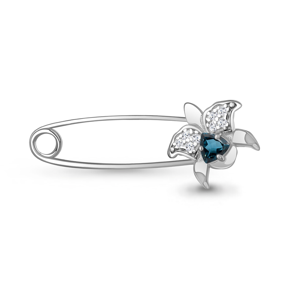 7748908А Булавка из Серебра с топазом лондон блю, фианитами