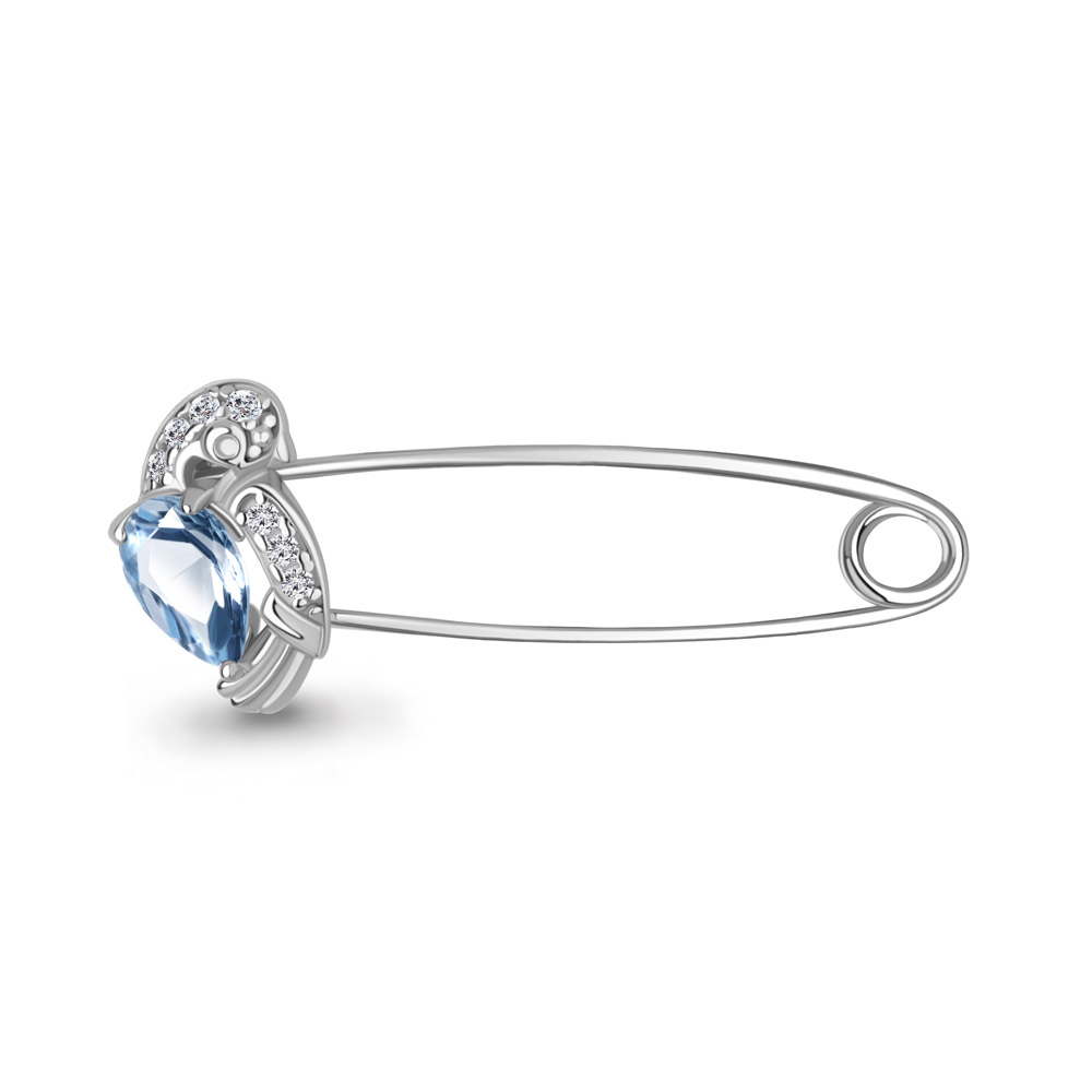 7749905А Булавка из Серебра с топазом свисс блю, фианитами