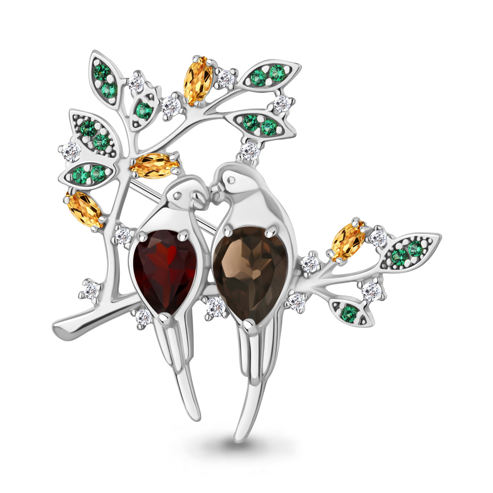 7751447Е Брошь из Серебра с гранатом, кварцем дымчатым, наноизумрудами, фианитами, цитринами