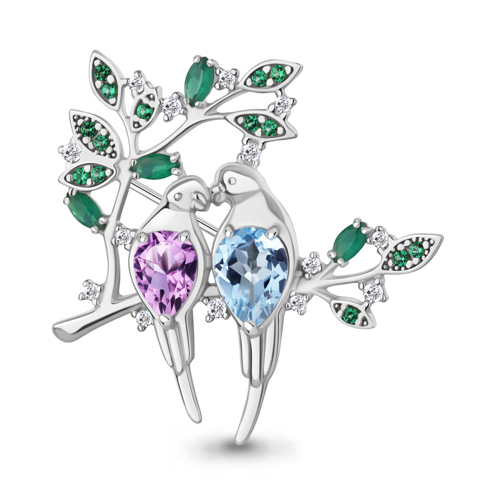77514539Г Брошь из Серебра с агатами, аметистом, наноизумрудами, топазом свисс блю, фианитами