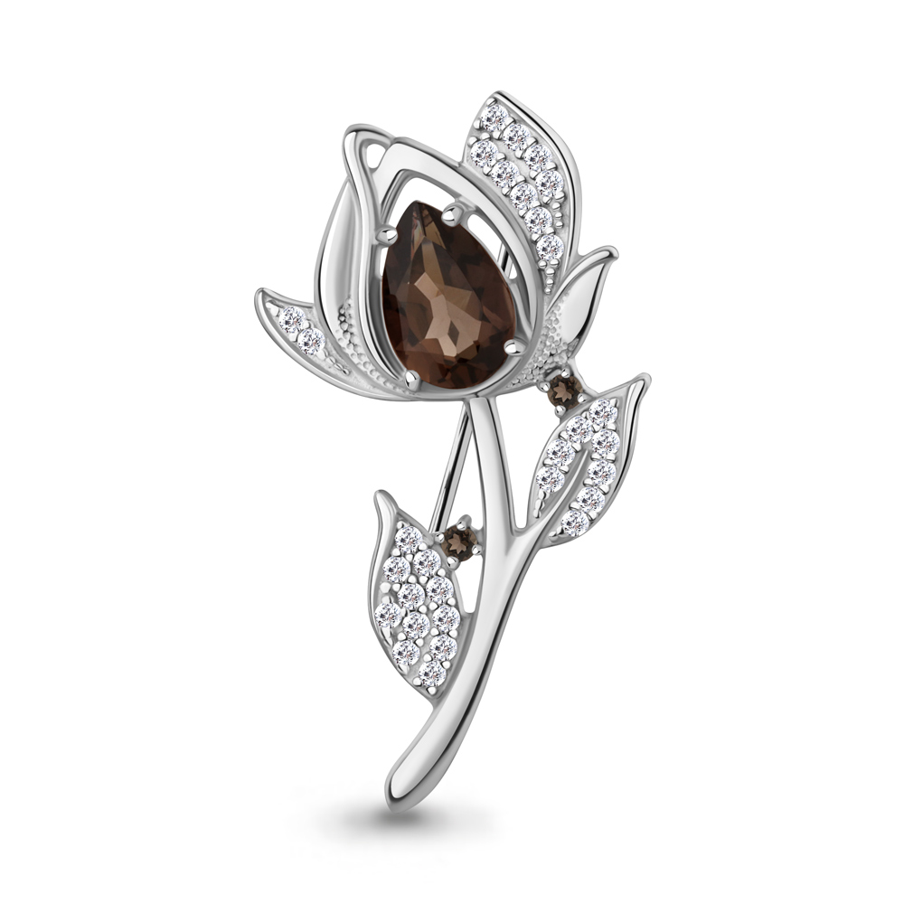 7751801А Брошь из Серебра с кварцами дымчатыми, фианитами